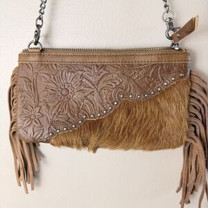 Montana West Fringe Cowhide Crossbody Purse Wristlet Brown Western Boho NWT